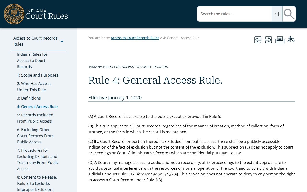 Indiana Access to Court Records Rule 4 page used for Posey County civil docket access