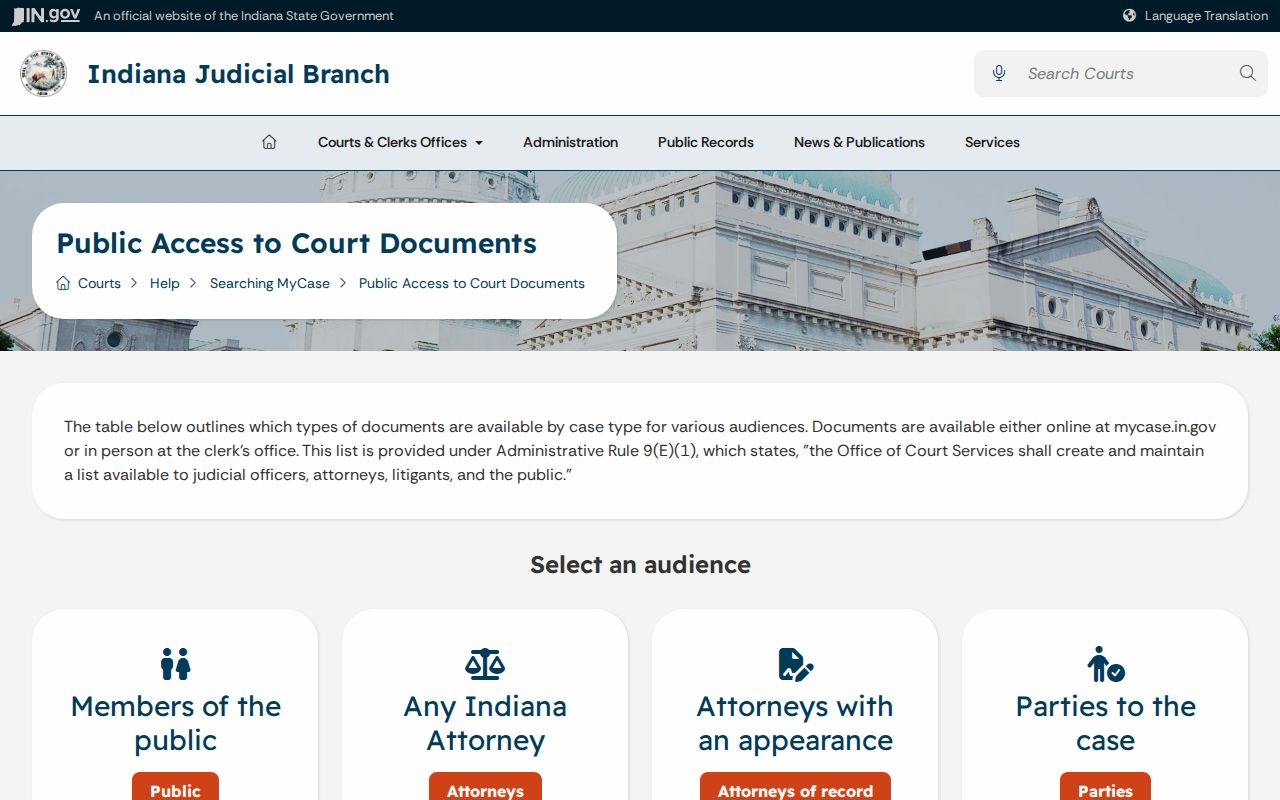 Indiana MyCase public document access information for Posey County court records