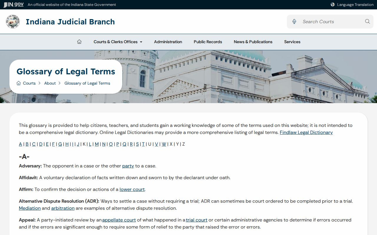 Indiana court glossary for understanding Cynthiana docket and setting terms