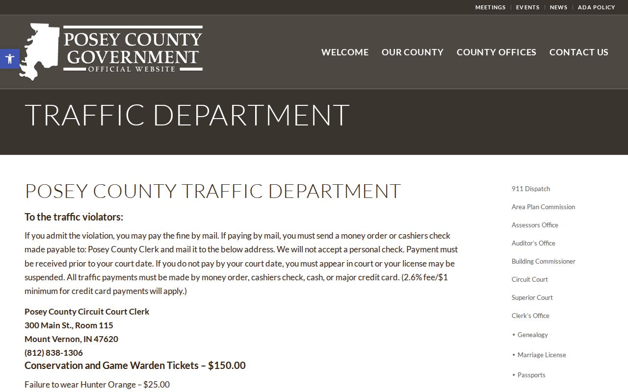 Posey County traffic court payment instructions and stale dates